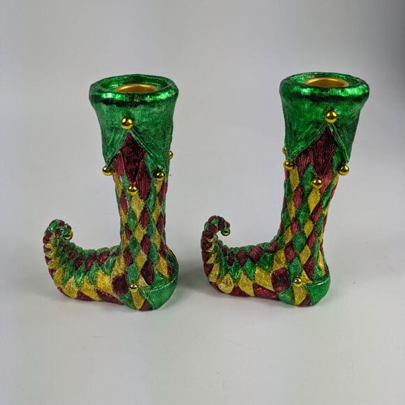 Elf Shoe Candlestick Holders 6.5" Christmas Holiday Decor Jester Mardi Gras Gold - Picture 5 of 15